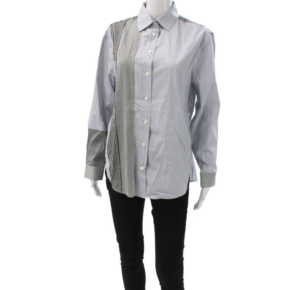 Hinson Wu Womens Striped Cotton Collared Button Up Top Blue Long Sleeve Size S